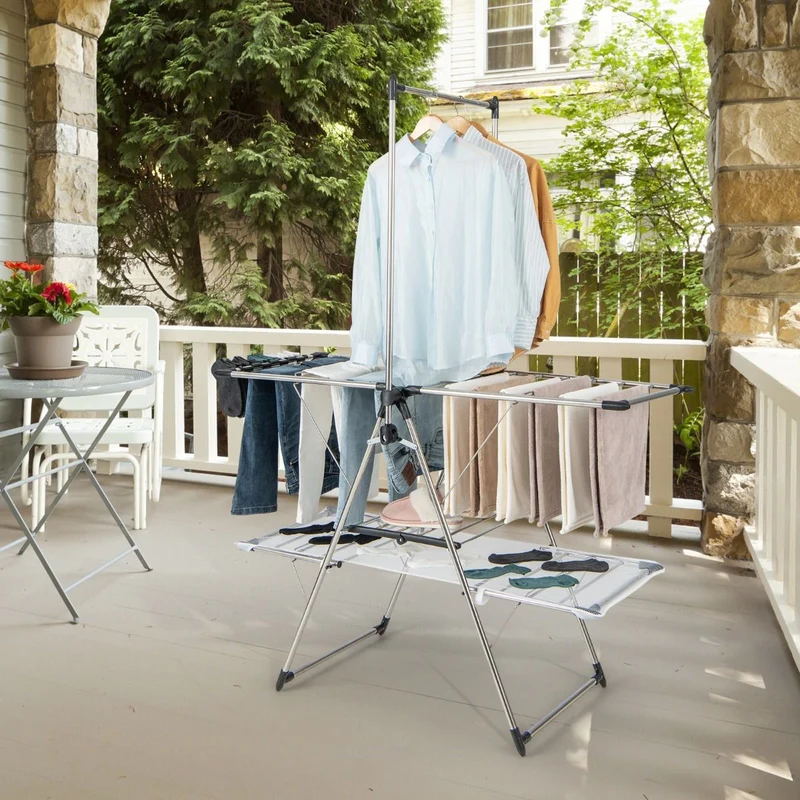 Costway - Wäscheständer, mit Kleiderstange, 2-stufiger, Höhenverstellbare Flügel, Wäscheständer Balkon, Edelstahl, Wäscheständer Stabil, Silber
