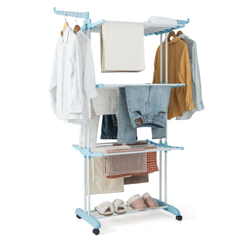 Costway – Klappbarer Turmwäscheständer mit 4 Ebenen, Seitenflügeln, Schuhablage und Rollen, 127 × 63 × 171 cm, Blau.
