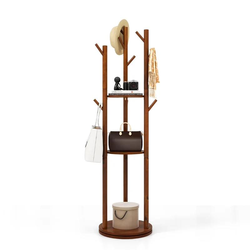 Costway – Drehbarer Garderobenständer aus Holz mit 3 Ablagen und 9 Haken, 42 × 167 cm, Walnuss