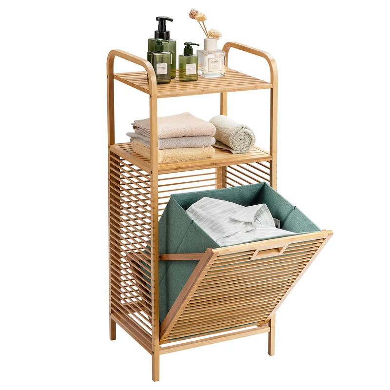 Costway – Badschrank aus Bambus mit ausklappbarem Wäschekorb und Ablage, 40,5 × 33 × 95,5 cm, Natur