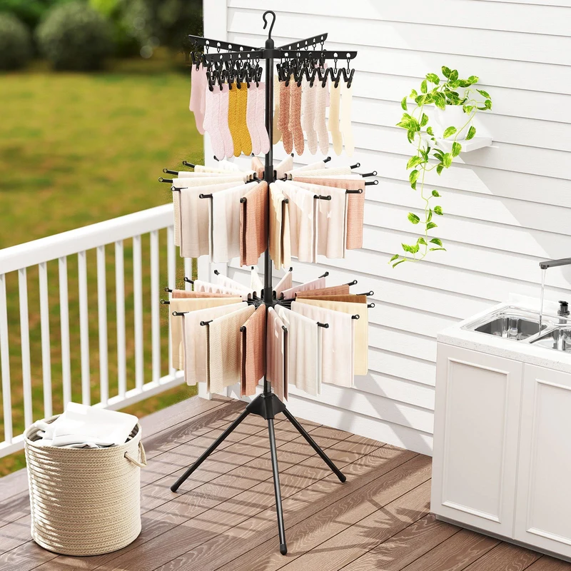 Costway – 3-stufiger, klappbarer Wäscheständer-Turm, 178 cm hoch, mit 24 Clips und 32 Stangen, Schwarz