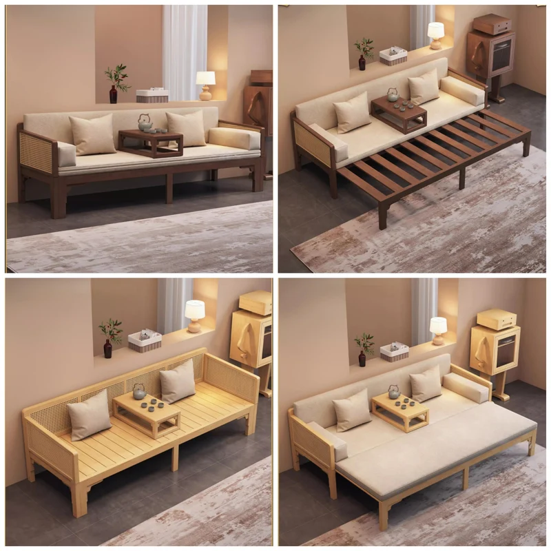 Ausziehbares Arhat-Schlafsofa mit Massivholzrahmen, Rattan-Geflecht an den Armlehnen.