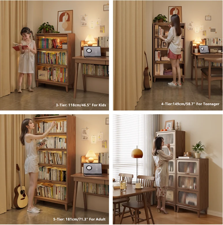 Bücherregal aus Massivholz mit hochklappbaren Türen aus gehärtetem Glas