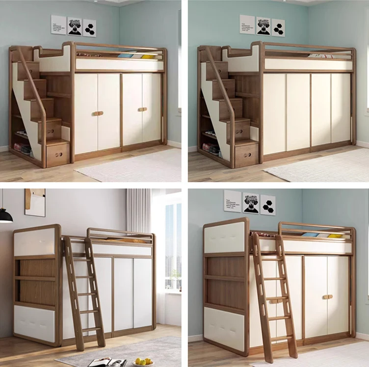 Hochbett aus massivem Eschenholz mit Kleiderschrank darunter