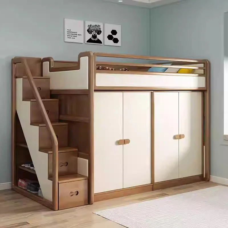 Hochbett aus massivem Eschenholz mit Kleiderschrank darunter