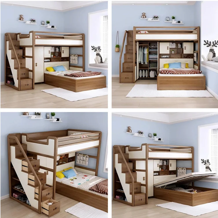Hochbett aus massivem Eschenholz mit hohem Stauraumbett, Kleiderschrank, Schubladentreppe und Schreibtischkombination