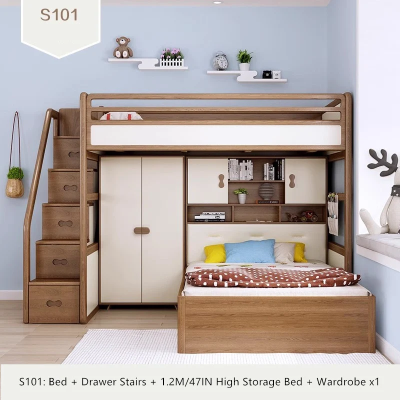 Hochbett aus massivem Eschenholz mit hohem Stauraumbett, Kleiderschrank, Schubladentreppe und Schreibtischkombination