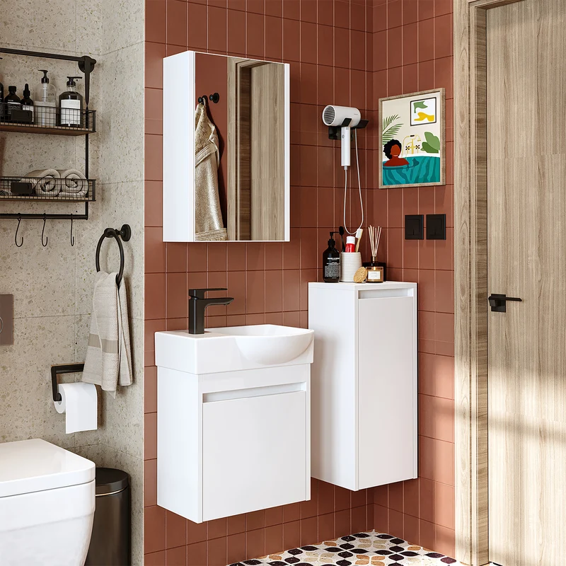 Roomart 4-teiliges Badmöbel-Set LEO, 46 cm, schmales Gäste-WC-Set mit Spiegelschrank, in 4 Farben