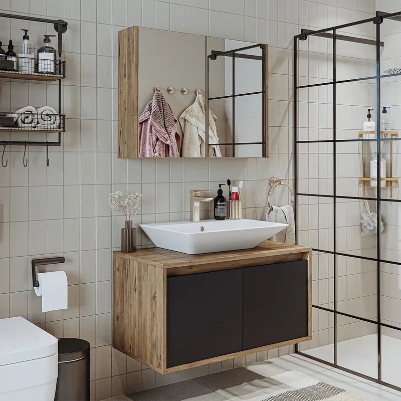 Roomart 3-teiliges Badmöbel-Set ATLANTIC, 85 cm, mit Aufsatzbecken und Spiegelschrank, in 5 Farben