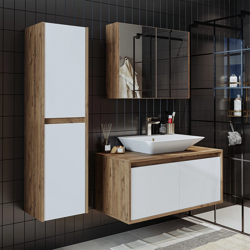 Roomart 4-teiliges Badmöbel-Set ATLANTIC, 100 cm, mit Spiegelschrank und Hochschrank, in 5 Farben