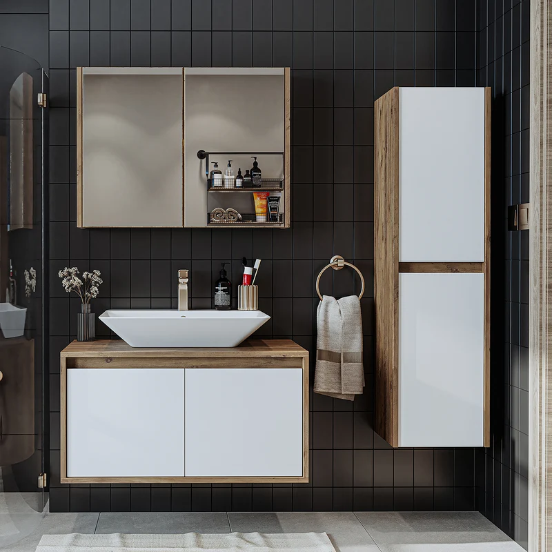 Roomart 4-teiliges Badmöbel-Set ATLANTIC, 85 cm, mit Spiegelschrank und Hochschrank, in 5 Farben