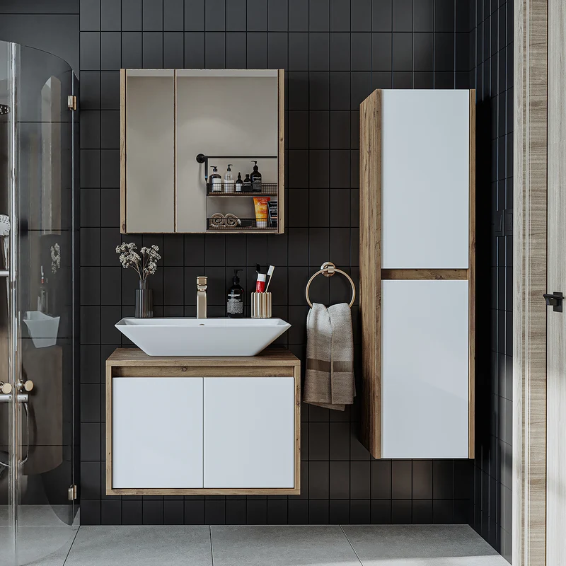 Roomart 4-teiliges Badmöbel-Set ATLANTIC 65 cm, Aufsatzbecken und Hochschrank, in 5 Farben