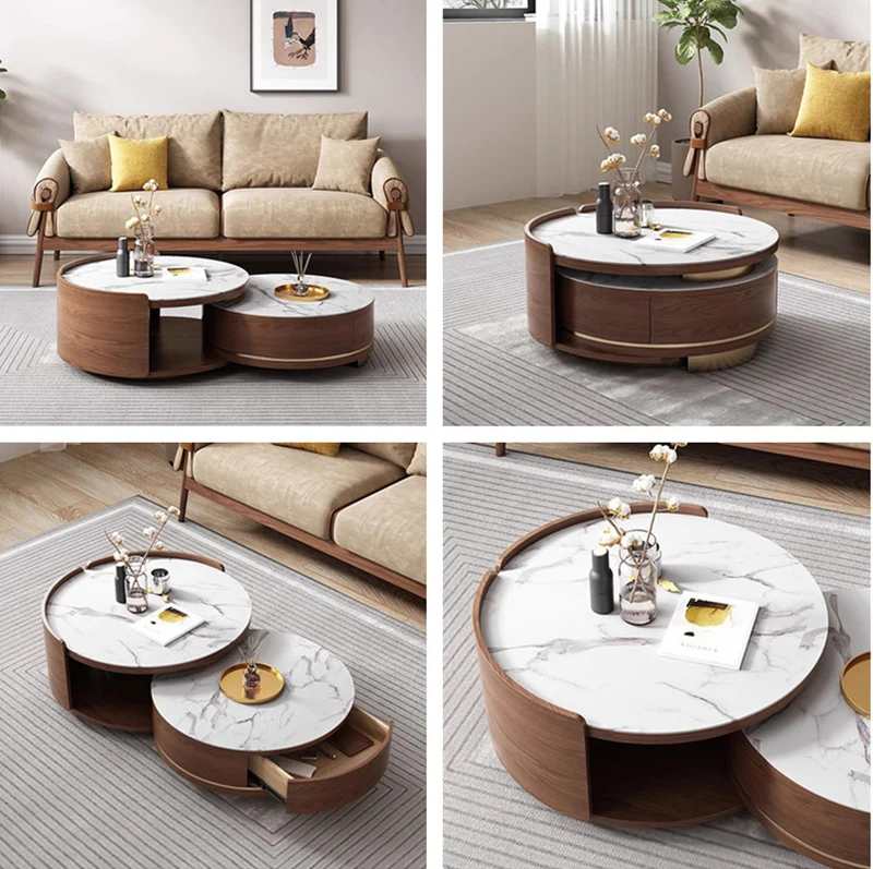 Doppelter runder Couchtisch mit Schublade und Marmortischplatte