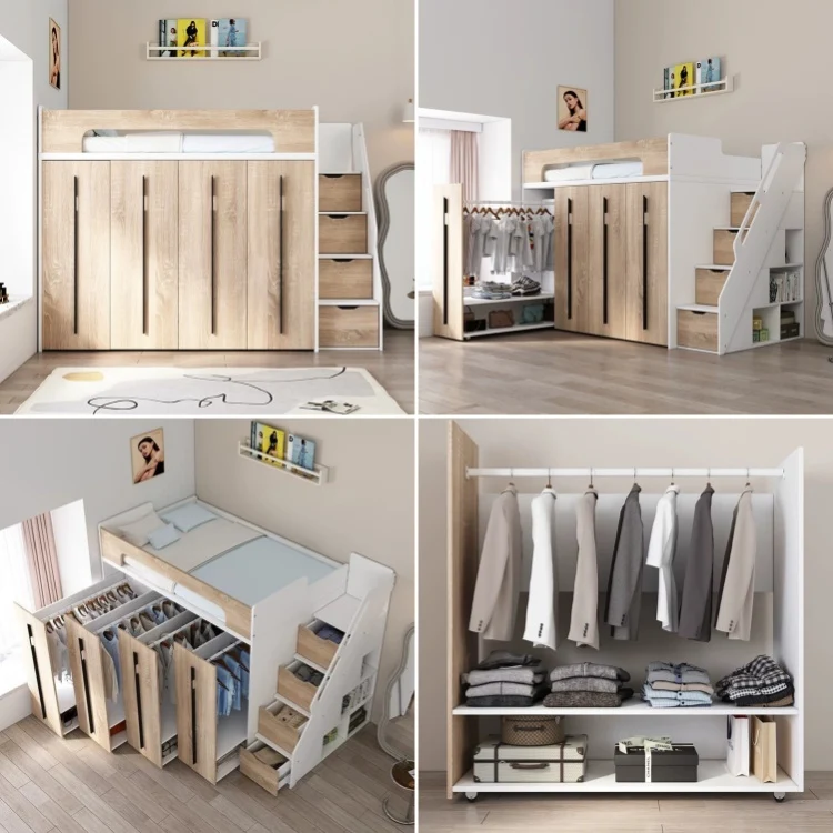 Hochbett mit Schubladentreppe und darunterliegendem Schiebekleiderschrank