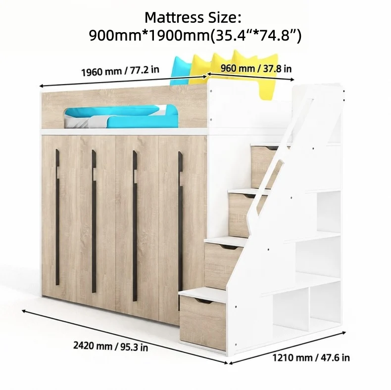 Hochbett mit Schubladentreppe und darunterliegendem Schiebekleiderschrank