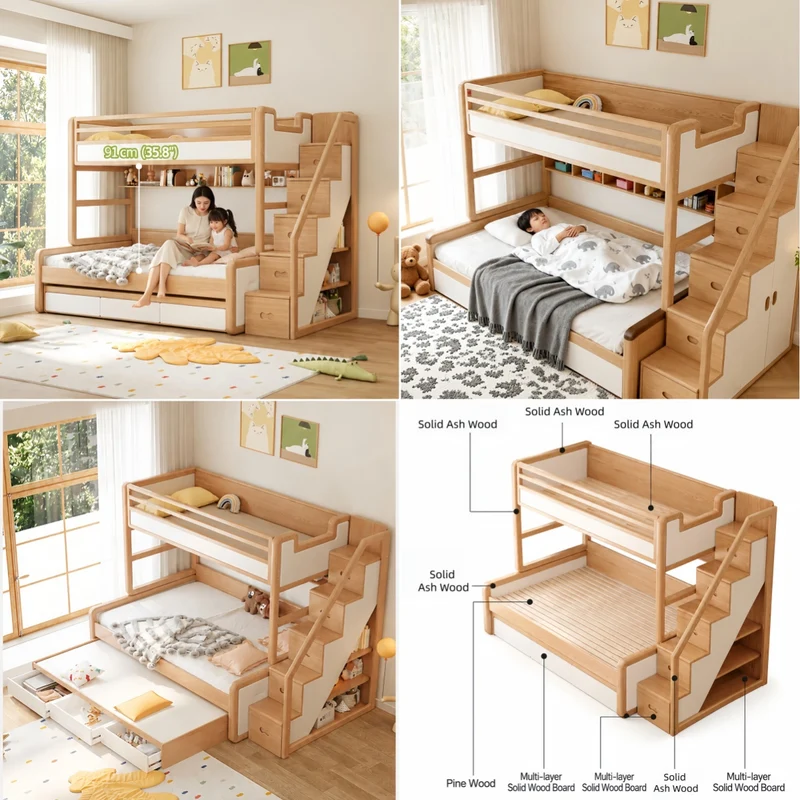 Etagenbett mit Schublade und Ausziehbett aus massivem Eschenholz