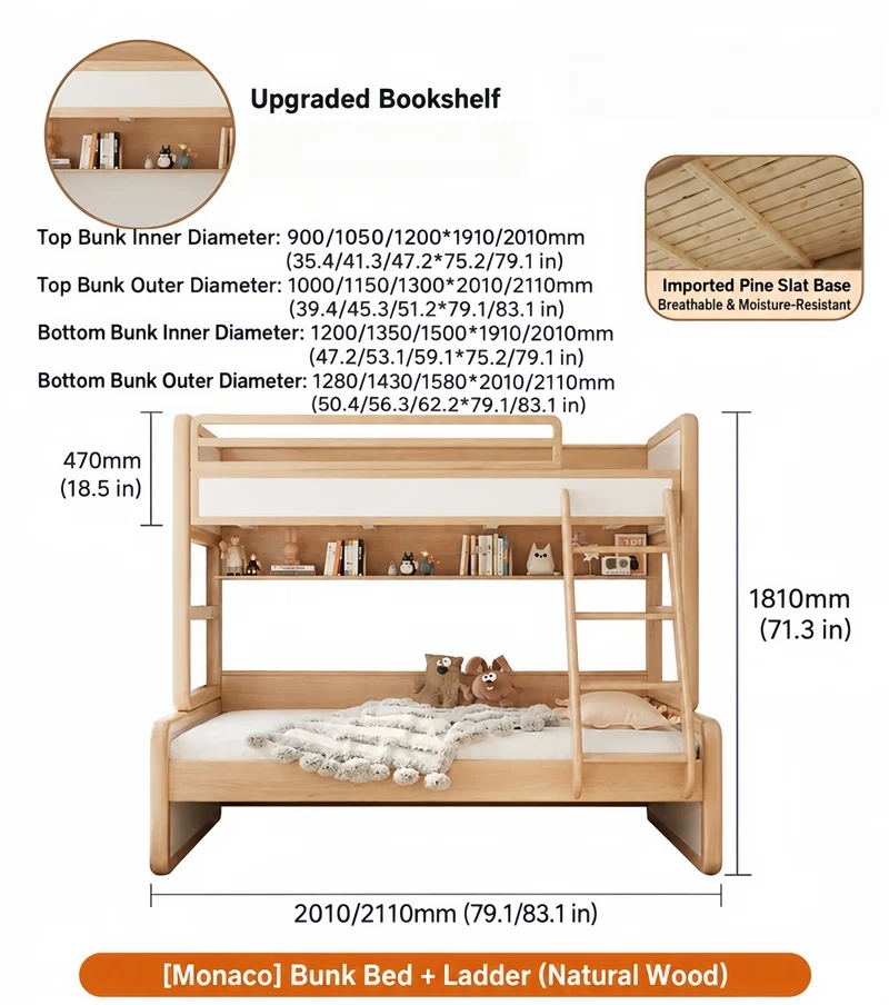 Etagenbett mit Schublade und Ausziehbett aus massivem Eschenholz
