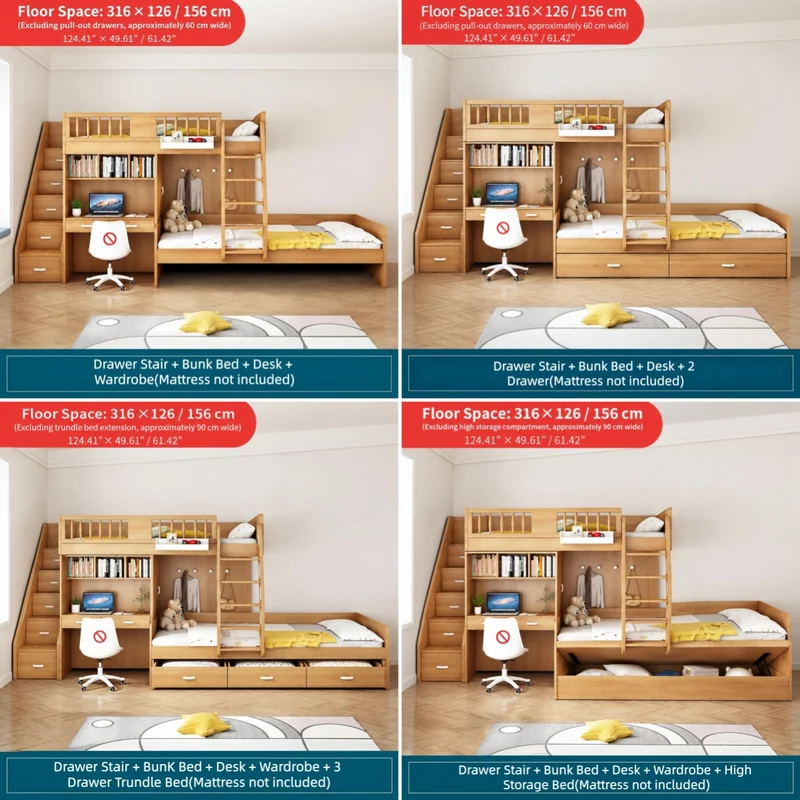 Etagenbett mit versetzten Sitzreihen, Kleiderschrank, Schreibtisch und Ausziehbett