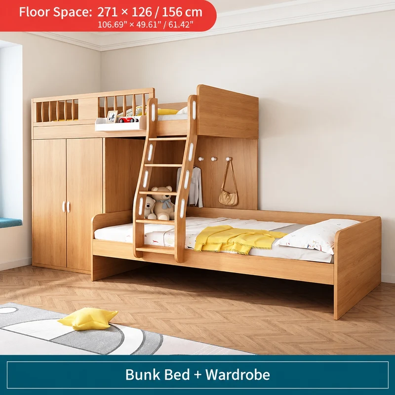 Etagenbett mit versetzten Sitzreihen, Kleiderschrank, Schreibtisch und Ausziehbett