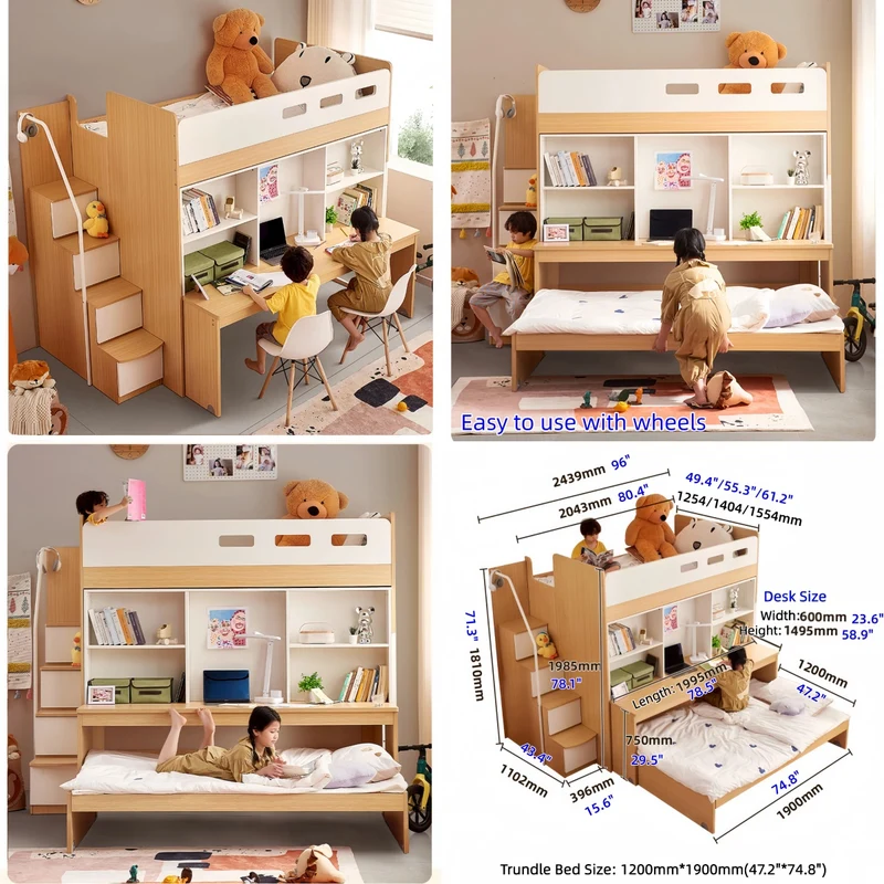 Hochbett mit Schubladentreppe, ausziehbarem Bücherregal, Schreibtisch und Ausziehbett