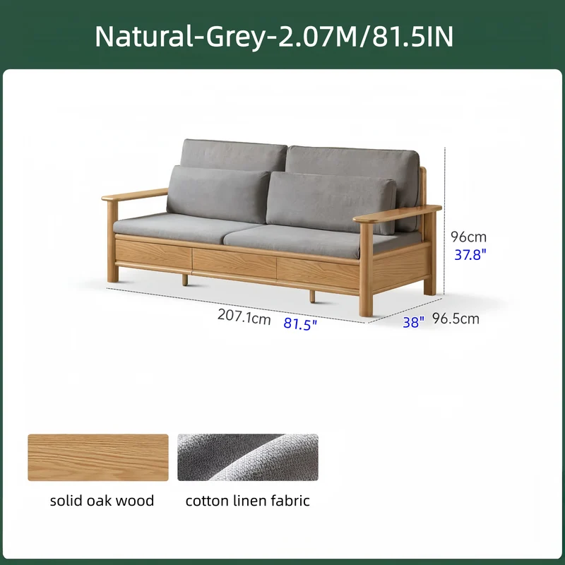 Sofa aus massiver Eiche mit breiten Armlehnen, Stauschubladen darunter und abnehmbaren Bezügen