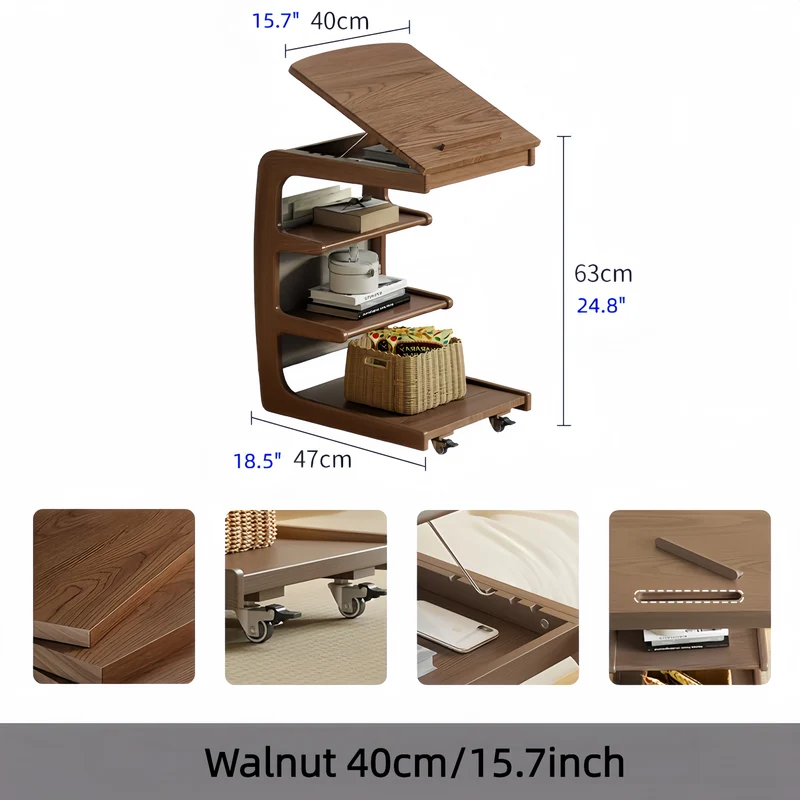 Beistelltisch aus Massivholz mit Rollen, Ablagefach und neigbarer Tischplatte