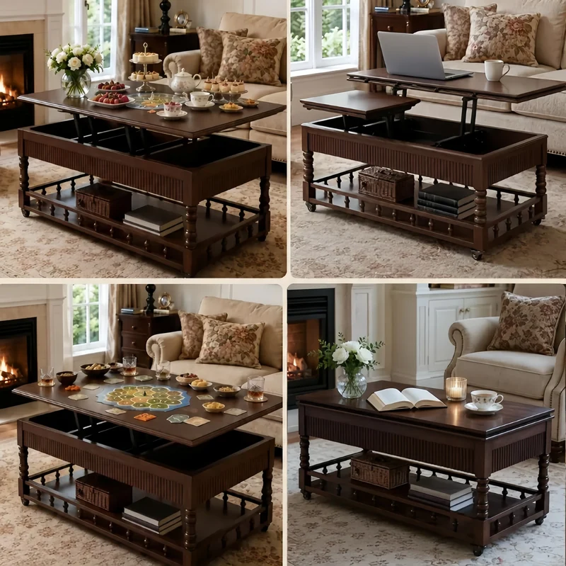 Nordischer Retro-Couchtisch aus Massivholz, 3-in-1-Funktion, höhenverstellbar und mit Universalrollen
