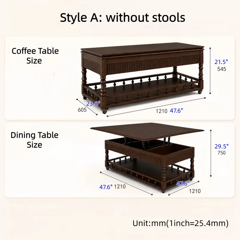 Nordischer Retro-Couchtisch aus Massivholz, 3-in-1-Funktion, höhenverstellbar und mit Universalrollen