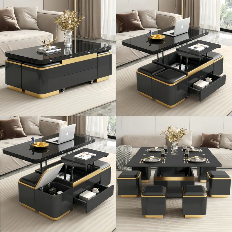 Multifunktions-Couchtisch im leichten Luxus-Stil mit Lackfinish, 3-in-1-Funktion und Universalrollen