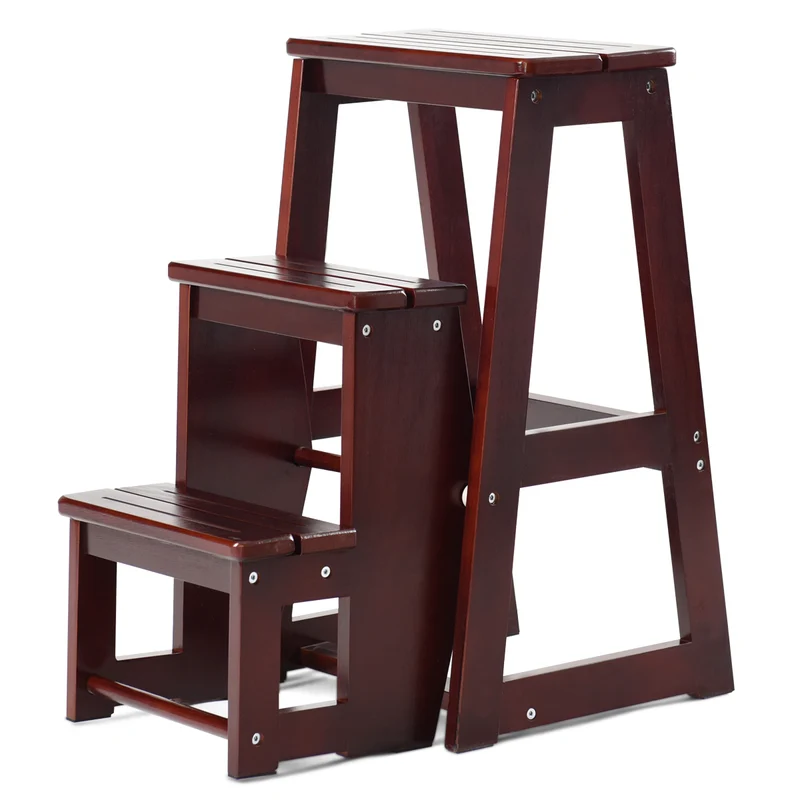 Costway – Klappbarer Leiterstuhl aus massivem Kiefernholz mit 3 Stufen, 38,5 × 57 × 66 cm, Braun
