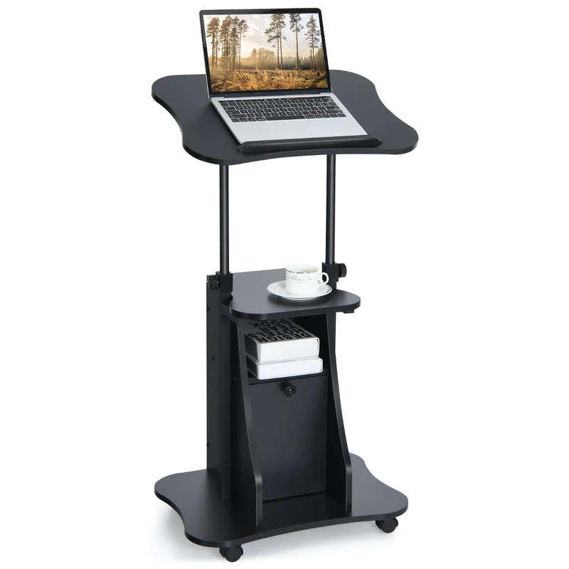 Costway - Laptoptisch, Laptopständer Höhenverstellbar, Laptoptisch Sofa, Laptoptisch Bett, mit neigbarer Tischplatte und Ablagen, mit Rollen, Schwarz