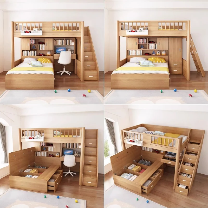 Hochbett aus massivem Buchenholz mit Stauraum, Bettschublade, Treppe, Schreibtisch, Bücherregal und Kleiderschrank