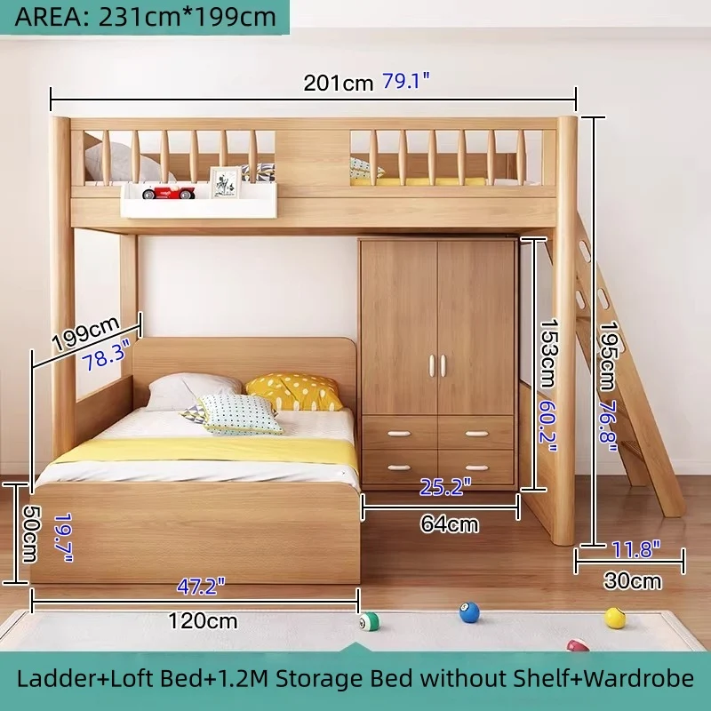 Hochbett aus massivem Buchenholz mit Stauraum, Bettschublade, Treppe, Schreibtisch, Bücherregal und Kleiderschrank
