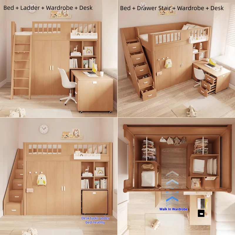 Platzsparendes All-in-One-Hochbett für Kinder mit integriertem Kleiderschrank, Bücherregal und Schreibtisch