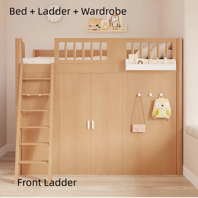Platzsparendes All-in-One-Hochbett für Kinder mit integriertem Kleiderschrank, Bücherregal und Schreibtisch