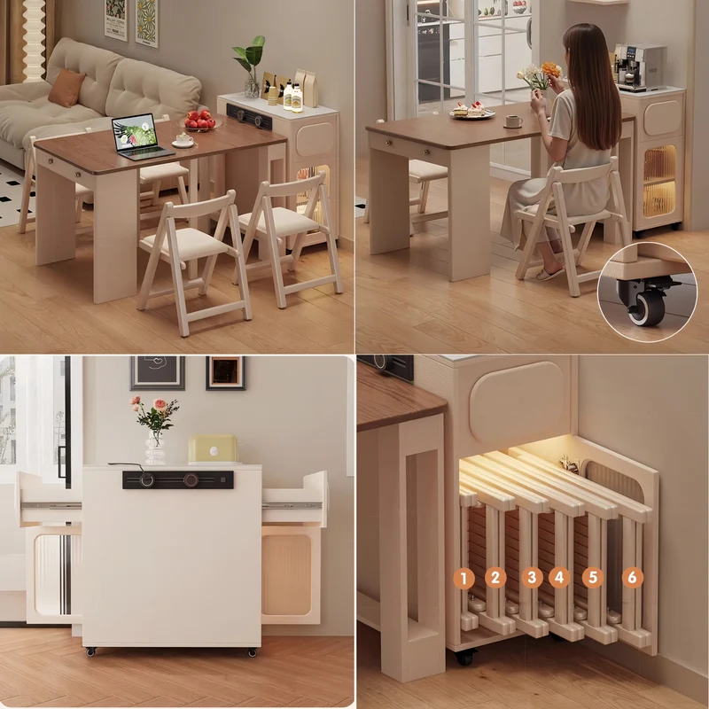 Ausziehbarer Esstisch mit rollbarem Sideboard und Stühlen (Set)