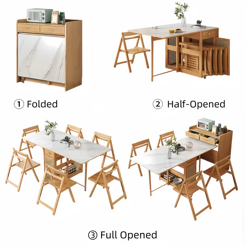 Doppelt klappbarer Esstisch mit Sideboard und 4 Klappstühlen