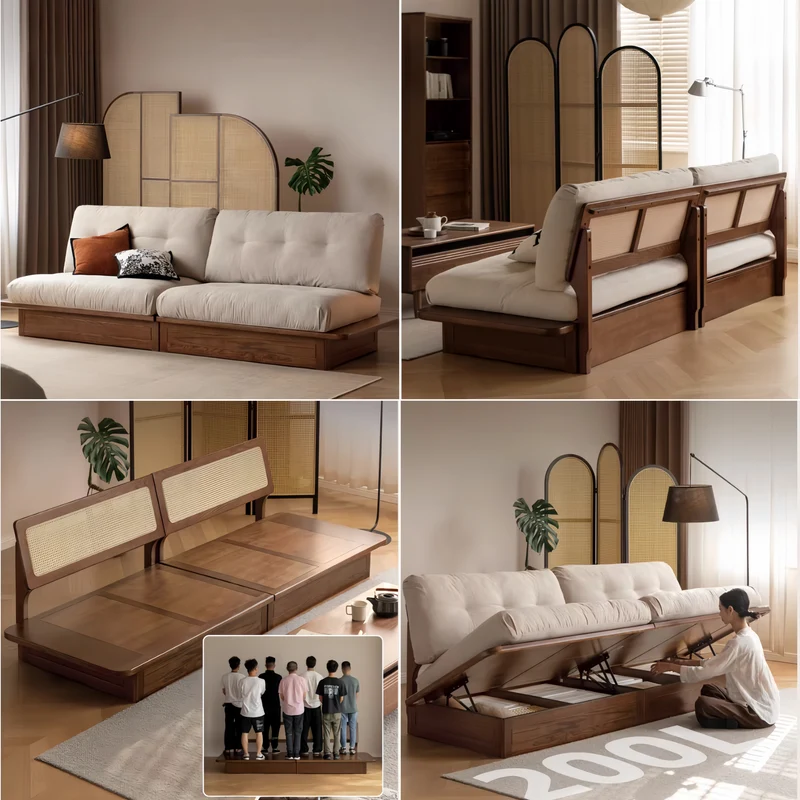 Japandi Sofa mit Massivholzrahmen aus Eiche und großem Stauraum unter dem Sitz