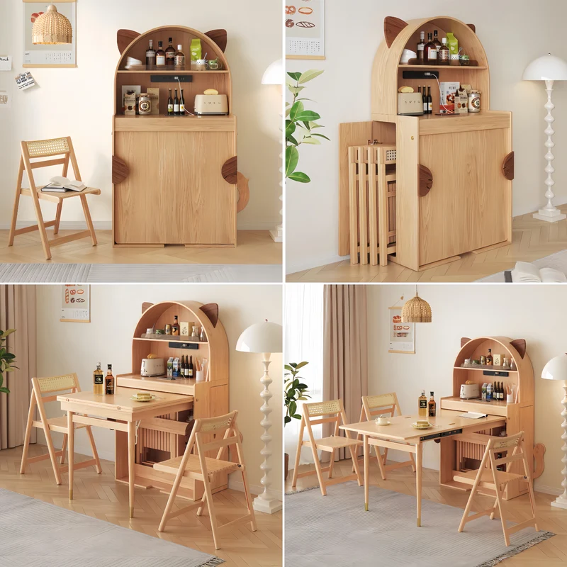 Niedlicher, katzenförmiger Esstisch aus Massivholz mit Klappschrank und Stuhlaufbewahrung