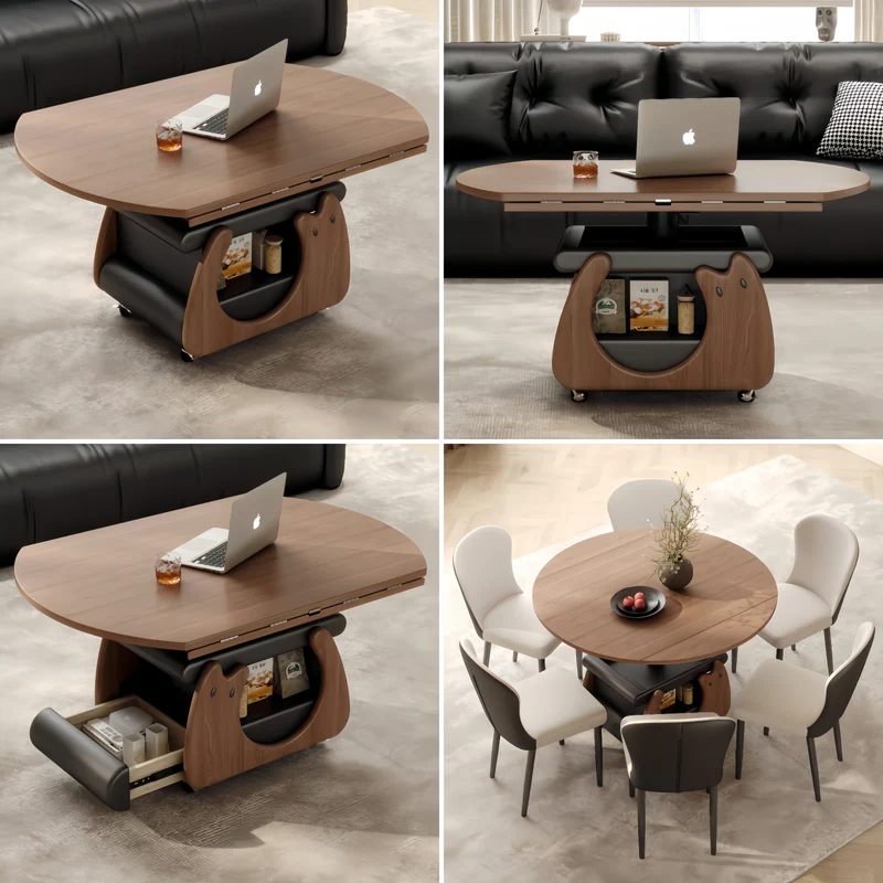Couchtisch aus Massivholz, höhenverstellbar und klappbar, mit Stauraum und Universalrollen