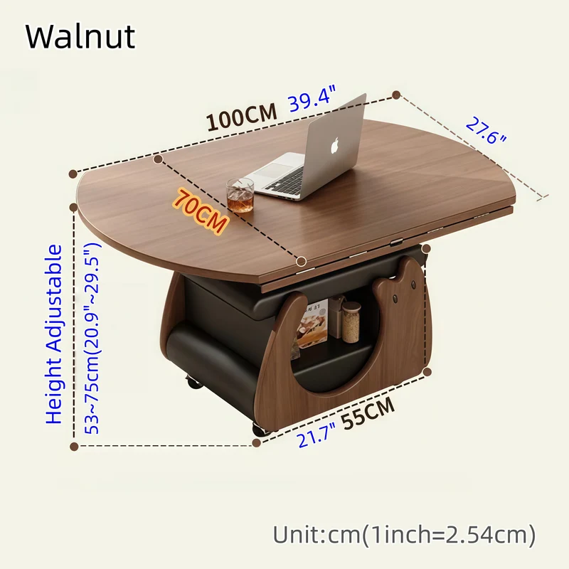 Couchtisch aus Massivholz, höhenverstellbar und klappbar, mit Stauraum und Universalrollen