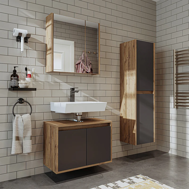 Roomart 3-teiliges Badmöbel-Set MELONA-S1, 65 cm, ohne Becken, mit Hochschrank, in 4 Farben