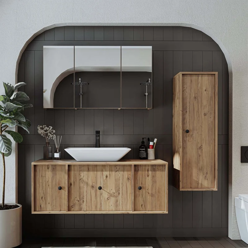 Roomart 4-teiliges Badmöbel-Set GUSTO-ATL, 120 cm, mit eckigem Waschbecken und Hochschrank, in 2 Farben