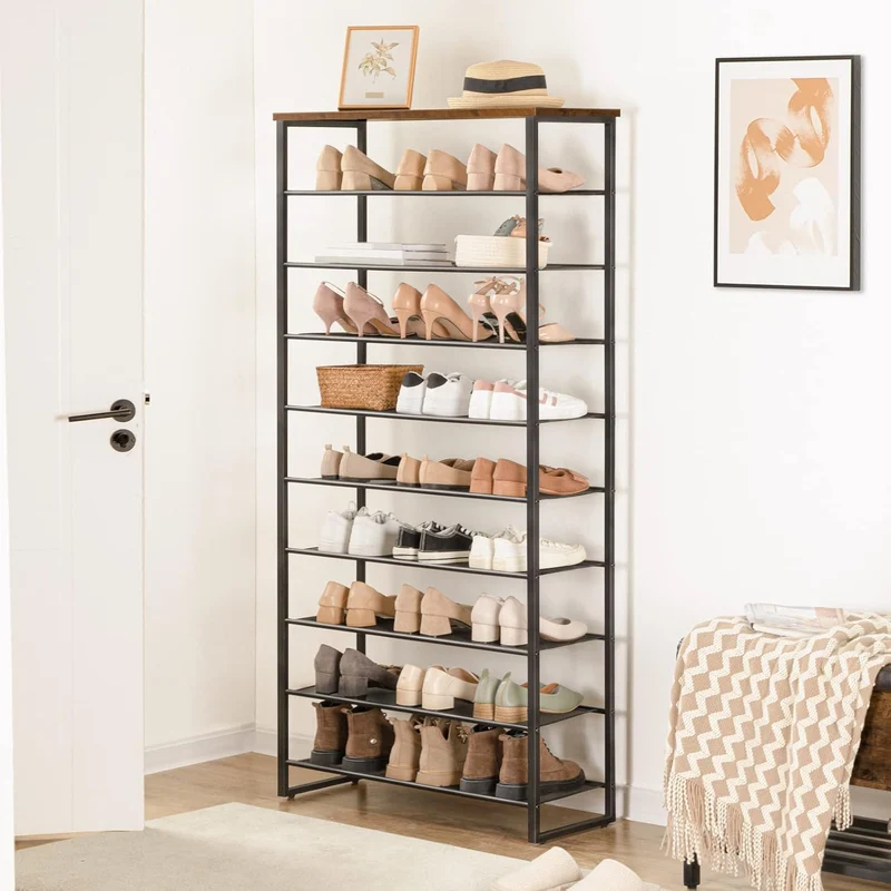 HOOBRO - Schuhregal, 10 Ebenen, Schuhregal metall, 9 Netzablage für 32-40 Paar, Schuhregal Schmal Hoch, 75x28,5x159 cm, Schuhschrank Hoch, Braun-Schwarz