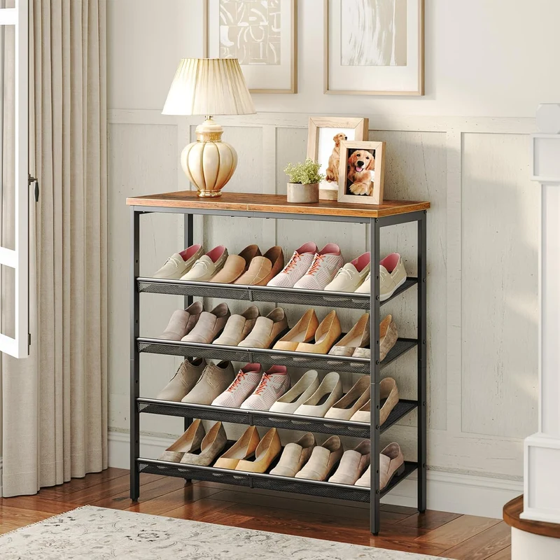 HOOBRO - Schuhregal, 5 Ebenen, Schuhschrank hoch, 4 verstellbares netzablage, für 16-20 Paar, schuhregal schmal, 75x30x88,8 cm, Metall, Braun-schwarz