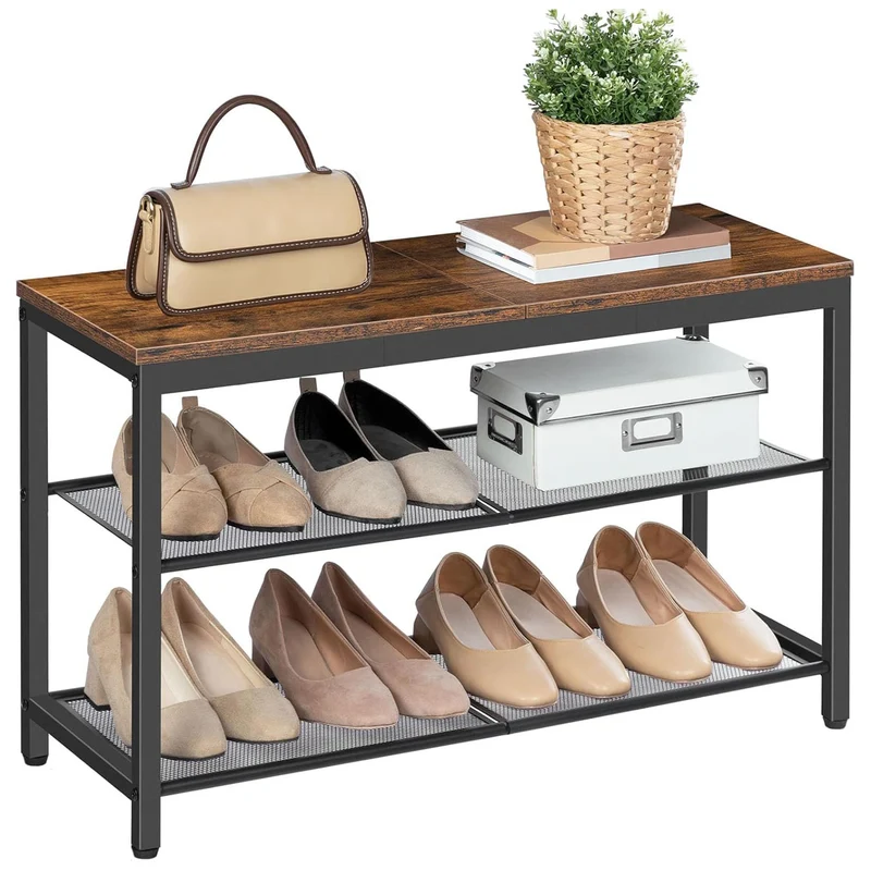 HOOBRO – Schuhbank mit 2 Netzablagen, 75 × 28,5 × 48,5 cm, bis 136 kg, Braun/Schwarz