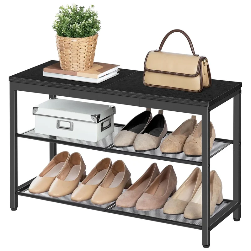 HOOBRO – Schuhbank mit 2 Netzablagen, 75 × 28,5 × 48,5 cm, bis 136 kg, Schwarz