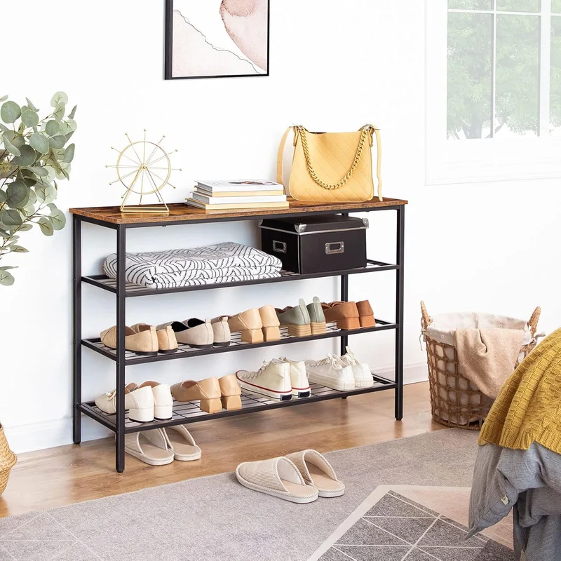 HOOBRO - Schuhregal, 4 Ebenen, Schuhregal metall, mit Tischplatte und 3 Netzablage, Schuhregal Schmal, 100 x 30 x 68 cm, Schuhablage, Braun-Schwarz