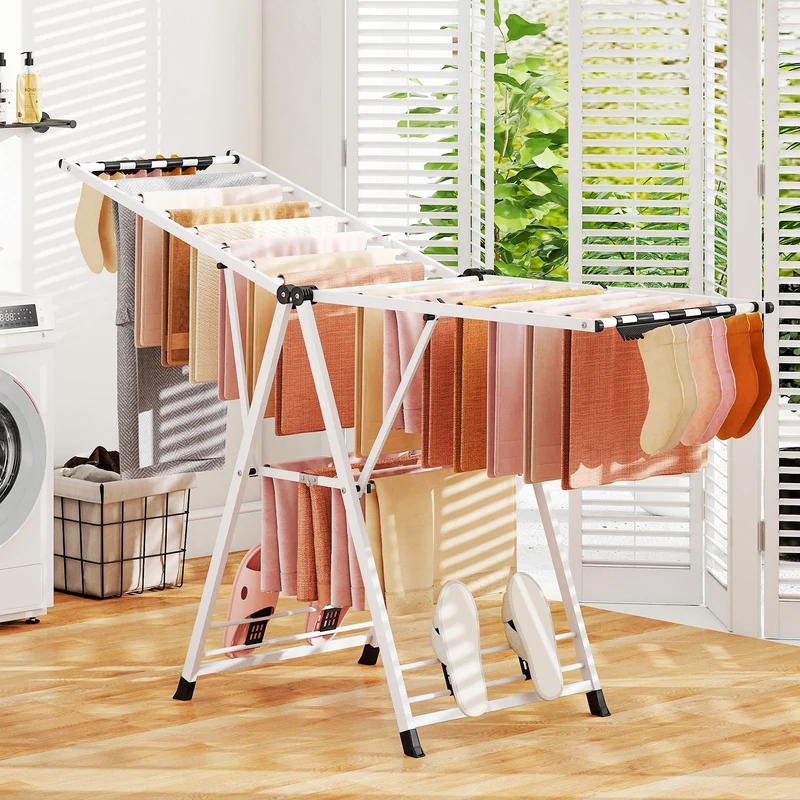 Costway - Wäscheständer Platzsparend, Wäscheständer Klappbar, Höhenverstellbare Flügeln, Sockenklammern & Schuhablage, Lange 184cm, Weiß