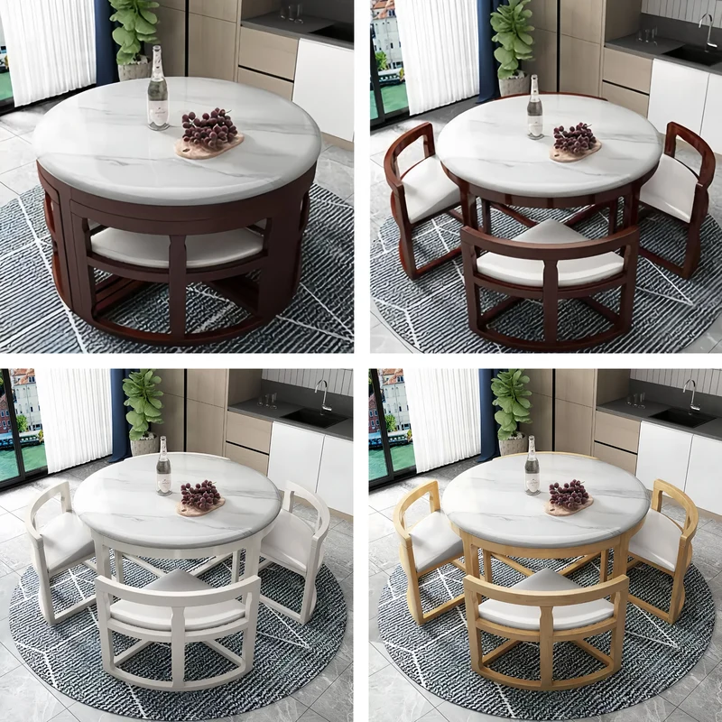 Rundes Essgruppen-Set aus Massivholz mit 4 Stühlen, bestehend aus einem Tisch und einem Satztisch.